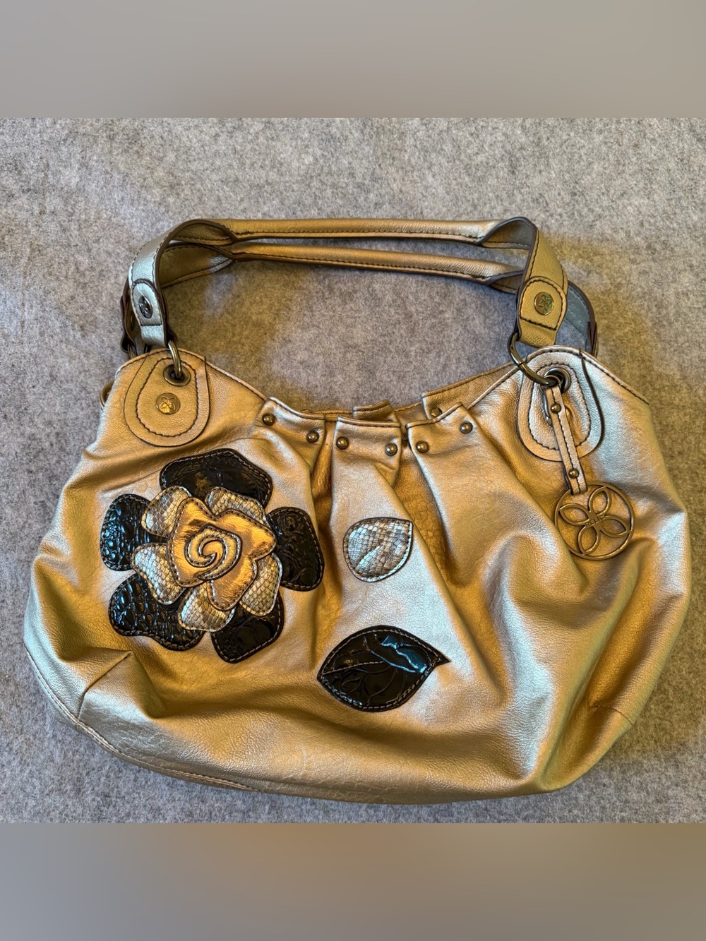 Relic Metallic Gold Hobo Bag With Floral Applique Slouchy Shoulder Bag